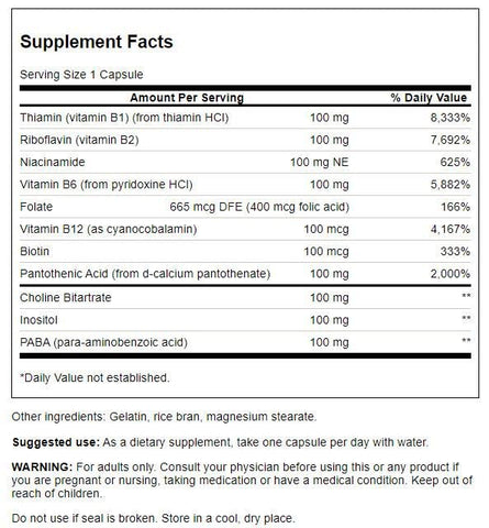 B-100 Complexo B Vitaminas Energia Cardio Estresse Suporte Metabolismo 300 Cápsulas - Swanson