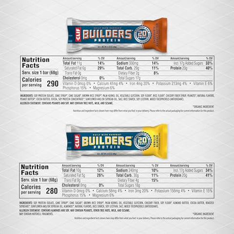 CLIF BUILDER'S - CLIF Builders – Pack Variado de Barras de Proteína à Base de Plantas – Chocolate Peanut Butter e Vanilla Almond – Sem Glúten – Não-OGM – Baixo Índice Glicêmico – 20g de Proteína – 68g (10 unidades)
