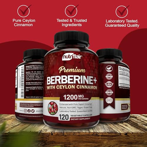 Premium Berberine HCL 1200mg + Canela Ceylon Pura – 120 Cápsulas | Sistema imunológico, gerenciamento de peso saudável - NutriFlair