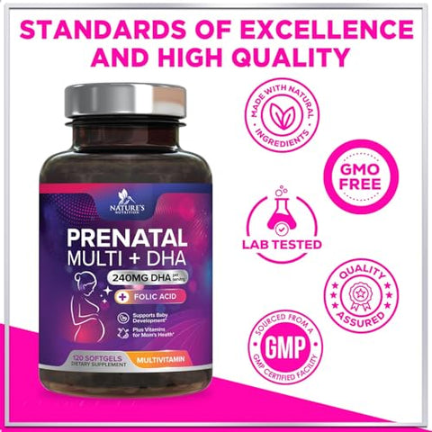 Nature's Nutrition - Multivitamínico Pré-Natal para Mulheres com Ácido Fólico DHA, Suplemento Vitamínico Pré-Natal para Suporte Fetal com Folato, Ômega 3, Vitaminas D3, B6, B12
