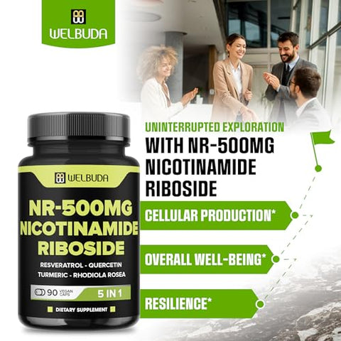 WELBUDA - NAD Nicotinamide Riboside com Resveratrol, Quercetina, Cúrcuma, Rhodiola Rosea – Produção Celular, Vitalidade Geral, Saúde do Envelhecimento – 90 Cápsulas para 90 Dias