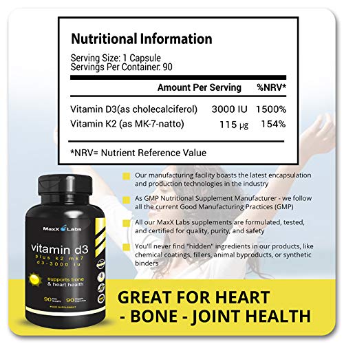 MaxX Labs - Vitamina D3 K2 3000 UI – com Vitamina K como MK-7 de Natto – Suplemento de Alta Potência de Vitamina D para Suporte a Ossos, Dentes e Coração