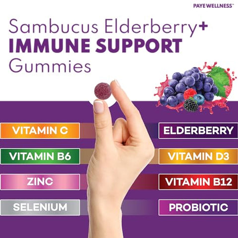 PAYÉ - Sambucus Elderberry Gummies – Suporte Imunológico Diário para Crianças e Adultos* com Zinco, Vitamina C, D3, B6, B12 – Suplemento Alimentar – 140 Unidades