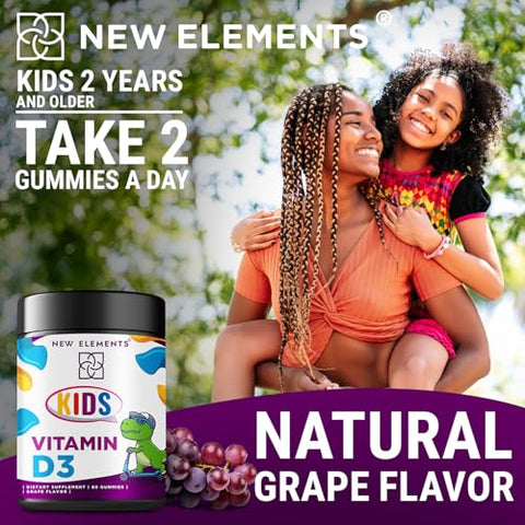 New Elements - Vitamina D3 Gummies 2000 UI para Crianças Sem Açúcar | Goma Mastigável de Vitamina D Natural para Ossos Saudáveis, Humor