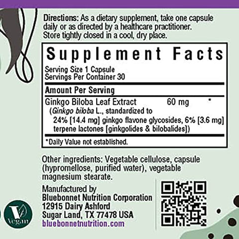 Bluebonnet - BlueBonnet Extrato de Folha de Ginkgo Biloba, 60 Cápsulas – Suplemento de Extrato de Folha de Ginkgo Biloba BlueBonnet, 60 Cápsulas