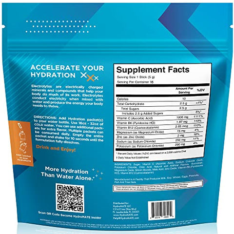 Hidratante em Pó HydroMATE com Eletrólitos e Baixo Açúcar, Acelerador de Hidratação com Vitamina C Sabor Laranja – 16 Unidades