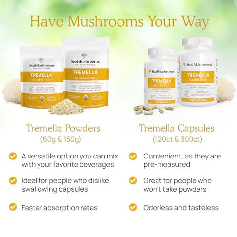 Extrato de Cogumelo Tremella (300 un) Mistura de Cogumelos para Suporte Imunológico, Cérebro e Pele – Vegano, Não-OGM, Suplementos de Cogumelos Orgânicos para Humanos – Suporte Imunológico - Real Mushrooms