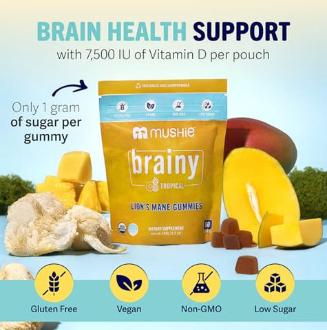 mushie - Mushie Gummies Orgânicos de Lion’s Mane – 60 Gummies, 2000mg de Cogumelos Lion’s Mane – Suporte para Cérebro, Cognição, Estresse, Memória e Imunidade com Vitamina D – Vegano, Sem Glúten