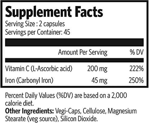 Suplemento de Ferro Carbonyl, 90 Cápsulas Vegetais | Fórmula Única de Ferro Metálico com Ácido Ascórbico, Alta Bioacessibilidade | Não Causa Constipação | Suporte para a Saúde Sanguínea - Pure Lab Vitamins