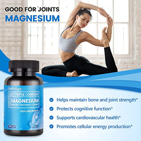 Complexo de Magnésio Triplo de Alta Absorção 300mg | Glicinato de Magnésio para Nervos, Malato de Magnésio para Energia, Suplemento de Magnésio para Apoiar a Saúde Muscular | Vegano, 300g - BioEmblem