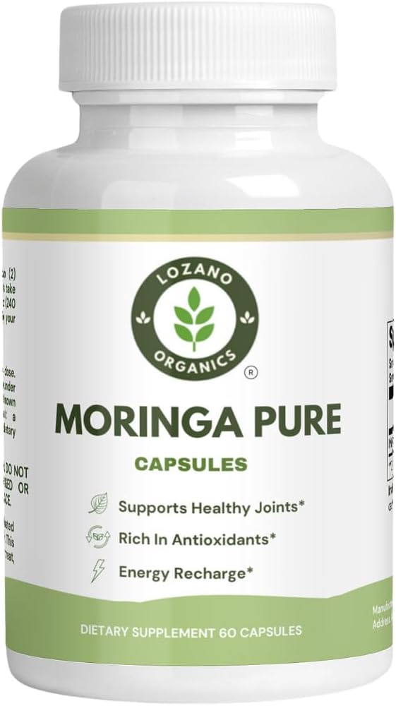 Lozano Organics - Cápsulas de Moringa em Pó – 800mg de Puro Pó de Moringa Rico em Nutrientes – Um Superalimento Verde Antioxidante Natural – Suporta Energia, Saúde da Pele, Saúde Intestinal – c/Vitaminas Essenciais