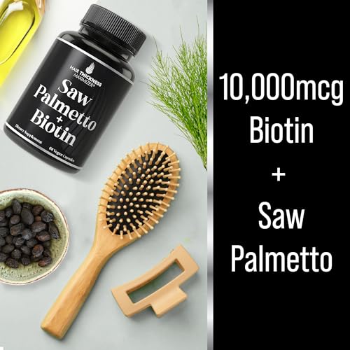 Hair Thickness Maximizer - Saw Palmetto Biotin Advanced 2 em 1 para Crescimento Capilar. Cápsulas Veganas com Extrato Natural de Saw Palmetto e 10000mcg de Biotina. Pílulas para Queda e Regeneração Capilar em Homens