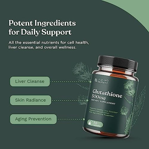 Nature Bound - Glutathione Skin Whitening Pills – GSH Puro 500 mg com Extrato Natural de Cardo de Leite Silymarin – Suporte Antioxidante ALA – Reforça o Sistema Imunológico por