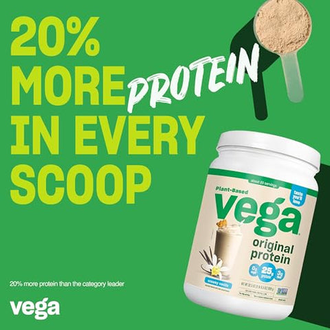 Original Pó de Proteína, Mistura Cremosa de Proteína Vegetal com Sabor de Baunilha para Água, Leite e Smoothies, 32,5 oz (910 g) - Vega
