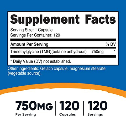 TMG 750mg – 120 Cápsulas (2 Frascos) – Aumente sua performance! - Nutricost