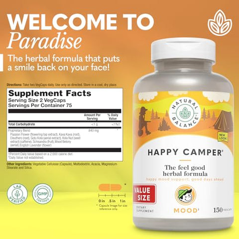 Happy Camper – Suplemento de Suporte ao Bom Humor – Cápsulas de Gotu Kola, Flor da Paixão e Kava Kava – Garantia de 60 Dias – 75 Porções, 150 VegCaps - Natural Balance