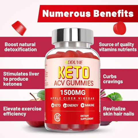 DDUYIE - (2 Pacotes) Gomas Keto ACV Extreme de 1500MG, Gomas, Vinagre de Maçã Formulado com Pó de Romã e Beterraba e B12, Vegano e Não GMO, 120 Gomas