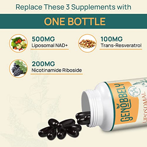 GENOBBELY - Suplemento Liposomal NAD 800 mg com Nicotinamida Ribosídeo 200 mg, Trans-Resveratrol 100 mg – Reparo de DNA, Envelhecimento Saudável, Função Cerebral – Fornecimento de 360 Dias