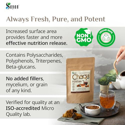 Siberian – Pó de Chaga Cru Puro 226g – Chá Antioxidante Premium – Reforça o Sistema Imunológico e a Saúde Digestiva – Foco, Energia - Sayan