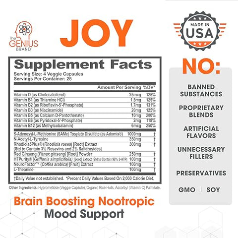 The Genius Brand - Genius Joy – Suplemento Nootrópico para Melhorar o Humor – Suporte à Saúde Cognitiva – Potencialize seu Bem-Estar