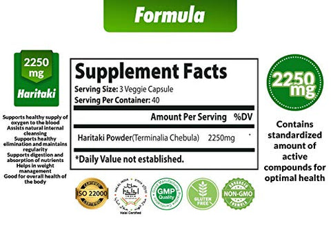 Cona Nature - Cápsulas de Haritaki Orgânica India 2250MG, Rejuvenescimento, Melhora da Digestão, Regularidade | Ervas e Suplementos Veganos Sem OGM e Sem Glúten, 120 Caps