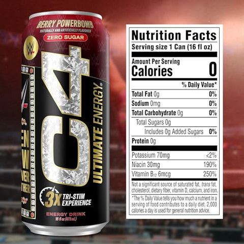 C4 Ultimate x WWE | Bebida Energética Pré-Treino Sem Açúcar | Experiência Tri-Stim com 300mg de Cafeína TeaCrine Dynamine | Berry Powerbomb | 16oz (Pacote com 12) - Cellucor