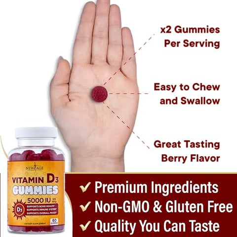 Gummies Vitamina D3 5000 UI 125mcg – Suporte Imunológico e Saúde Óssea – Sem OGM, Sem Glúten, Sem Laticínios, Sem Gelatina (120 Gummies – Pack com 2) - NEW AGE