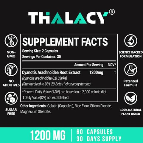 Thalacy - Suplemento de Beta Ecdisterona 1200MG, Pureza Máxima de 98%% para Massa Muscular Magra e Performance Atlética
