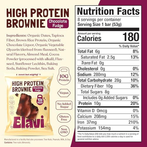 ELAVI - Elavi Brownies de Alta Proteína, 10g de Proteína, Sem Laticínios, Vegano