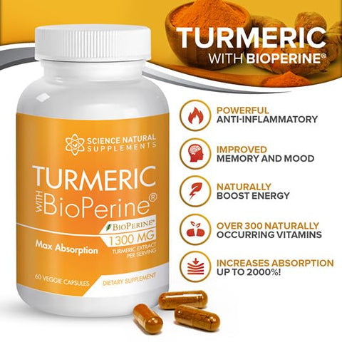 Science Natural Supplements - Cápsulas de Cúrcuma com Curcumina e Extrato de Pimenta Preta Bioperina – 60 Cápsulas Vegetais – para Saúde das Articulações com 95% de Curcuminoides – Fórmula de Máxima Absorção