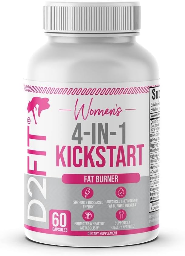 por Jessica Bass) Suplemento Termogênico 4 em 1 para Mulheres, Suporte ao Metabolismo e Apetite com Extrato de Chá Verde – D2Fit (por Jessica Bass) 4 em 1 Kickstart, Extrato de Chá Verde, Suporte ao Metabolismo e Apetite - D2Fit