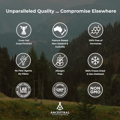 Suplemento de Colostro de Gado Criado a Pasto, 3000 mg, Fortalece o Sistema Imunológico e Promove a Saúde Intestinal, Desempenho Atlético, Níveis Saudáveis de Ferro, Crescimento e Reparo - Ancestral Supplements
