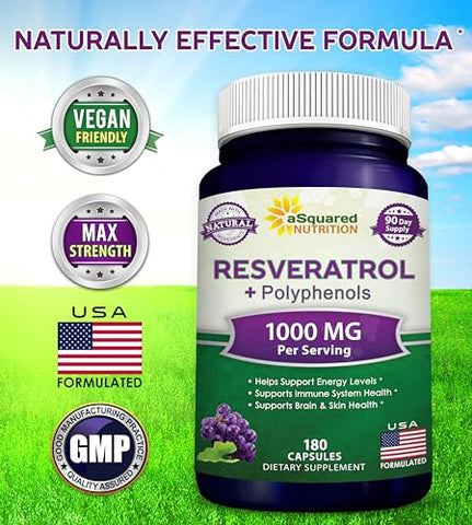 Resveratrol Natural com Extrato de Vinho Tinto – 180 Cápsulas – Suplemento Antioxidante Trans Resveratrol para Saúde do Coração Puro – Extra Forte - aSquared Nutrition