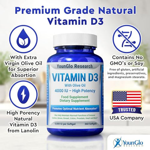 YounGlo Research - Vitamina D3 4000 UI – Suplemento para Fortalecer os Ossos – Marca em Destaque