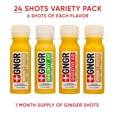GNGR - Pack com 24 Shots Variados de Gengibre Orgânico para Impulsionar a Imunidade – Shots de Gengibre Prensado a Frio para Suporte Digestivo e Imunológico Natural – Nada Artificial – Orgânico USDA (2g)