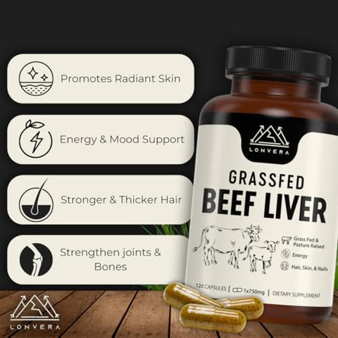 Lonvera - Cápsulas de Fígado Bovino de Pasto | Suplemento de Fígado Desidratado | Comprimidos de Fígado Liofilizados | 30 Porções | 3000 mg | 120 Unidades