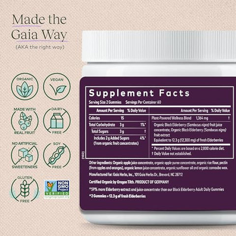Black Elderberry Gummies Extra Forte – Delicioso Suporte Imunológico – Feito com Certificado Orgânico de Sambucus Nigra – Sistema Imunológico – 60 gummies - Gaia Herbs