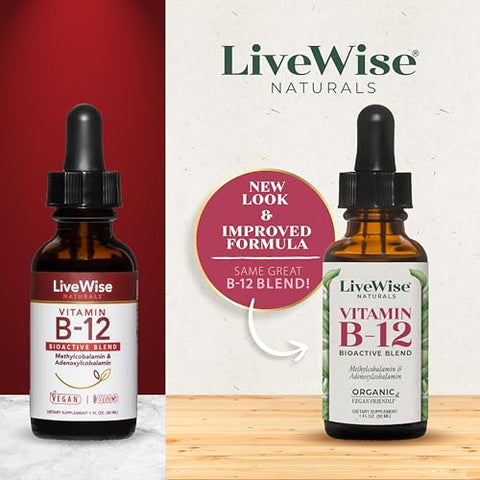 Live Wise Naturals - Vitamina B12 Líquida Sublingual – Gotas Veganas de Vitamina B12 Líquida 100% Natural – Adenosilcobalamina Metilcobalamina – Fortaleça seu Sistema Imunológico, Metabolismo – 30ml