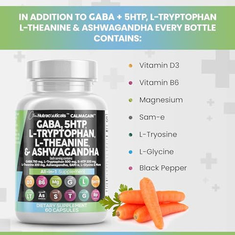 Suplemento para o Humor com GABA 750mg, 5 HTP 200mg, L Triptofano 500mg, L Teanina 200mg, Ashwagandha 3000mg, SAM-e, L-Glicina e L-Tirosina – Vitamina para Homens e Mulheres – Contagem - Clean Nutraceuticals