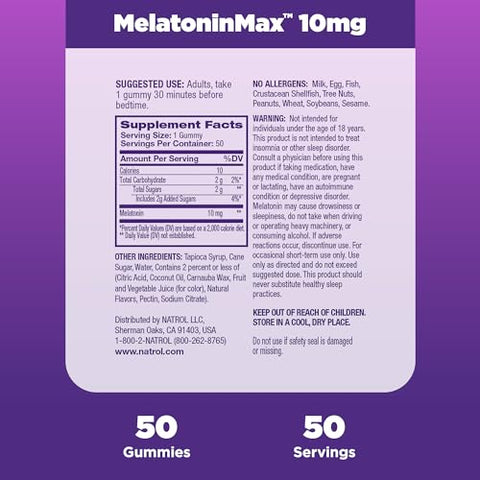 MelatoninMax(TM) Gummy Noturno para Insônia Ocasional, Sabor Mirtilo, 10 mg, 50 Unidades, 50 Dias de Fornecimento - Natrol