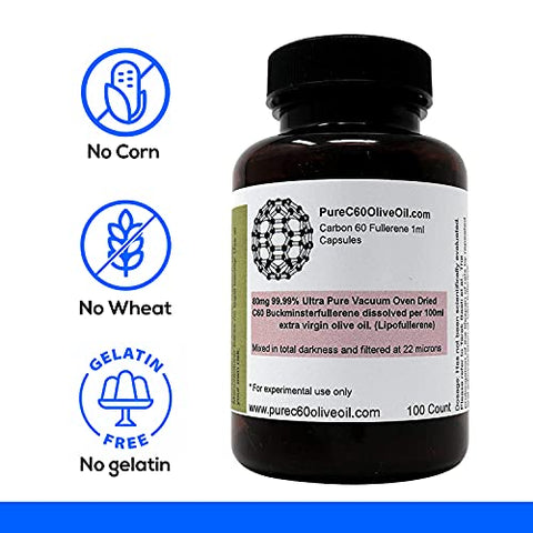 PureC60OliveOil.com - Cápsulas de Óleo de Oliva Orgânico PureC60OliveOil C60 100ml – 99,99% Carbono 60 Solvente Livre 80mg – Grau Alimentício – Óleo de Oliva com Carbono 60 – do Principal Produtor Global