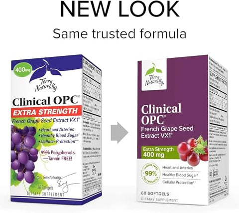 Clinical OPC Extra Strength – 60 Softgels – Suplemento de Extrato de Semente de Uva Francesa – Sem OGM, Sem Glúten – 60 Porções - Terry Naturally
