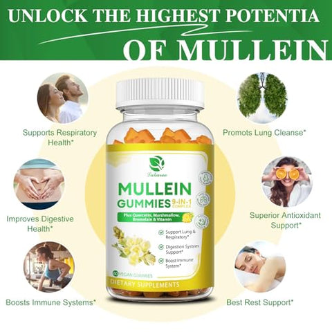 Lukaree - (2 Pacotes) Gomas de Mullein 9 em 1 para Limpeza Pulmonar, Extra Forte 10000 MG (10:1 Extrato) Extrato de Folha de Mullein com Quercetina, Bromelina, Sabugueiro