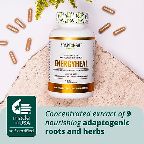 ADAPTOHEAL - Energético Natural Sem Cafeína – Mistura de Adaptógenos com Ashwagandha, Rhodiola Rosea, Maca, Leuzea, Gingseng – Aumenta Energia, Alivia Estresse, Foco e Vitalidade (180g)