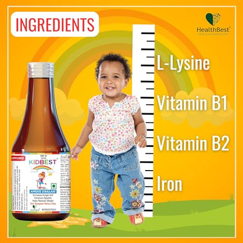 HealthBest - Kidbest Xarope Estimulante de Apetite para Crianças de 3 a 13 Anos | Aumenta o Apetite | Ajuda a Manter o Peso | Livre de Glúten | L-Lisina HCI, Vitaminas B1, B2, B6, B12 | 200 ml