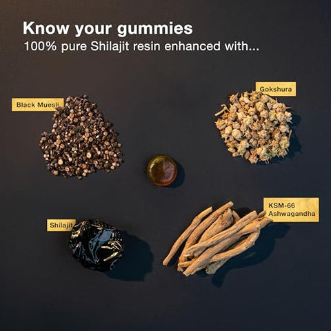 Gomas de Shilajit Puro do Himalaia | Embalagem Individual | Sem Açúcar Adicionado | KSM 66 Ashwagandha, Gokshura | Ácido Fúlvico, 85 Minerais Traços | Homens, Mulheres | Natural - Be Bodywise