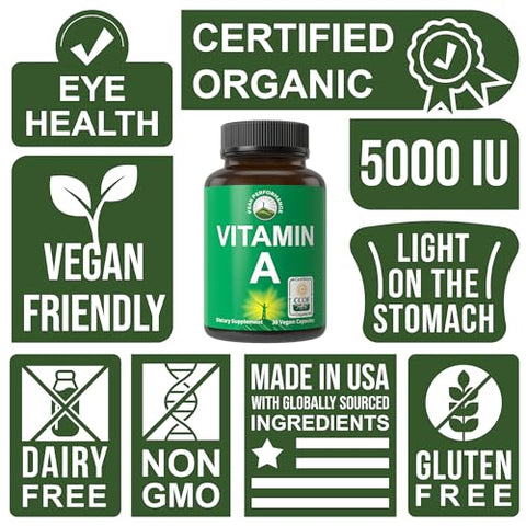 Vitamina A Orgânica Certificada 5000 UI Cápsulas de Suplemento de Alta Potência Feitas com Suco de Cenoura Orgânica. Ótimo para Suporte Imunológico, da Pele e dos Olhos. Não-OGM, 5000 UI - Peak Performance