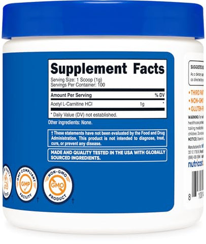 Acetyl L-Carnitine HCI (ALCAR) 100g – 1g por Porção – Sem OGM, Sem Glúten, Sem Sabor – Nutricost ALCAR 100g - Nutricost