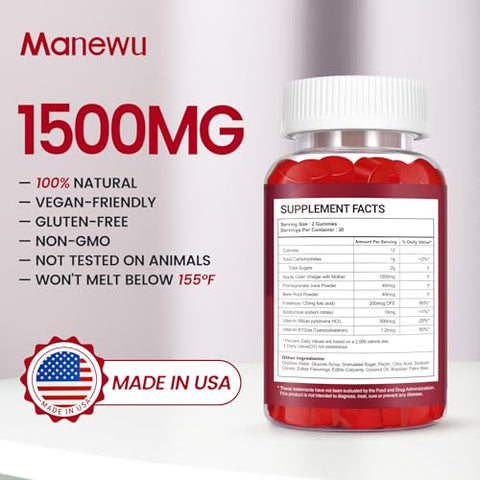 Manewu - Keto ACV Gummies – Suplemento Dietético Rápido de Keto ACV para Mulheres e Homens – 1500mg de Vinagre de Maçã Orgânico Sem Glúten com a Mãe – Suporte à Digestão Intestinal