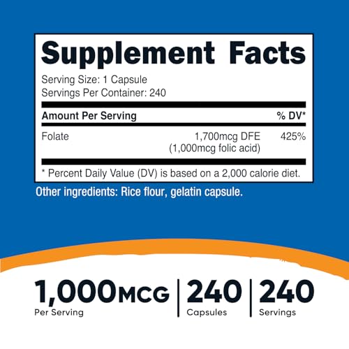 Ácido Fólico (Vitamina B9) 1000 mcg, 240 Cápsulas – Comprar Online - Nutricost